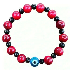 Handmade red & black evil eye protection bracelet 7” stretchy